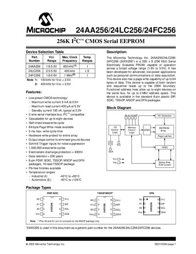 MICROCHIP 24AA256/24LC256/24FC256256KI C CMOS Serial EEPROM handbook - cover page
