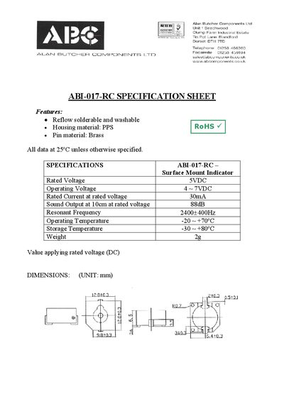 Alan Butcher Components ABI-017-RC Surface Mount Indicator Specification Sheet - cover page