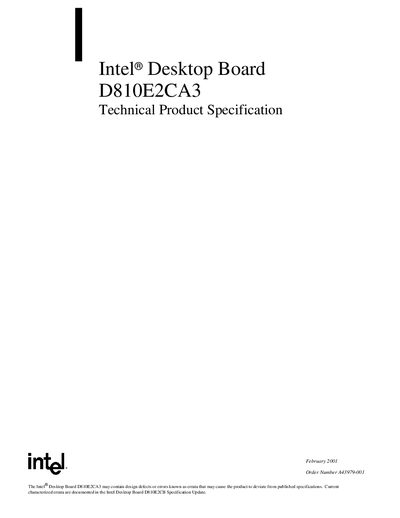 Intel D810E2CA3 Technical Product Specification - cover page