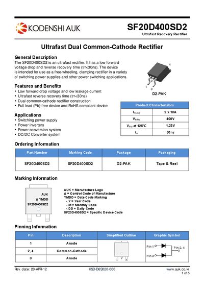 AUK SF20D400SD2 Ultrafast Recovery Rectifier Datasheet