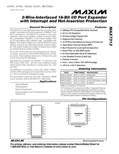 Maxim MAX7312 2‑Wire I/O Port Expander Datasheet