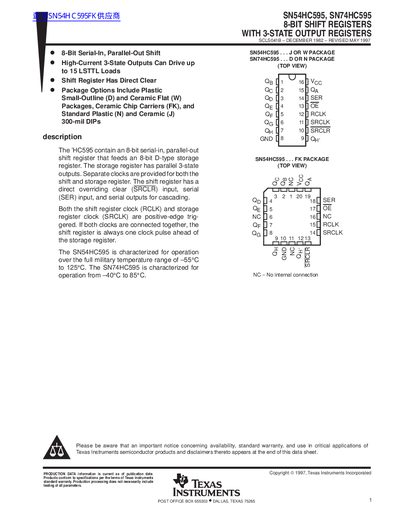 Texas Instruments SN54HC595/SN74HC595 8-Bit Shift Registers Datasheet - cover page