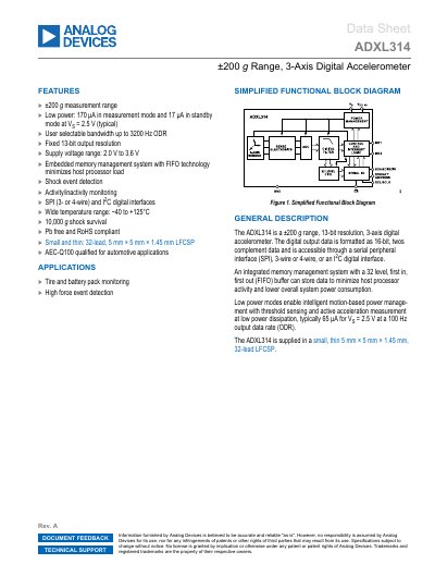 Analog Devices ADXL314 3-Axis Digital Accelerometer Data Sheet - cover page