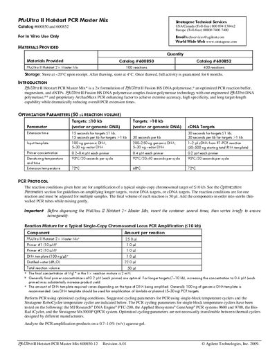 Stratagene PfuUltra II Hotstart PCR Master Mix Product Information Sheet - cover page