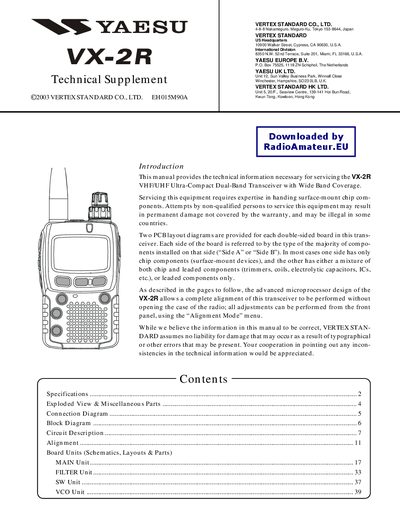 Vertex Standard VX-2R VHF/UHF Transceiver Technical Supplement - cover page