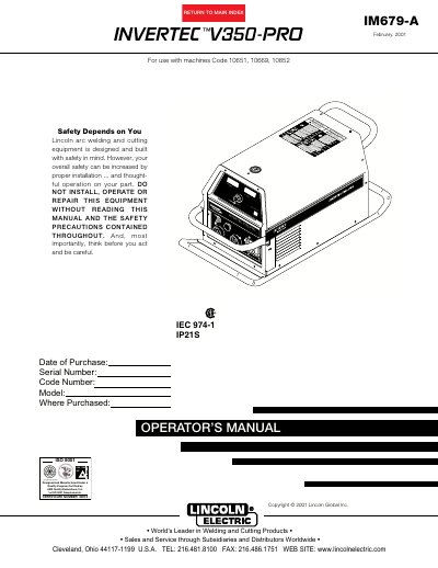 Lincoln Electric V350-PRO Operator's Manual - cover page