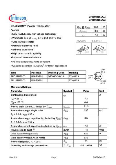 Infineon SPD07N60C3 / SPU07N60C3 Cool MOS Power Transistor Datasheet - cover page