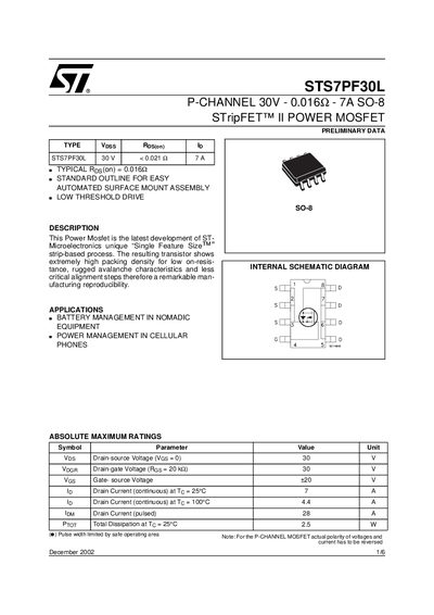 ST STS7PF30L P-CHANNEL 30V - 0.016 - 7A SO-8 STripFET II POWER MOSFET handbook - cover page
