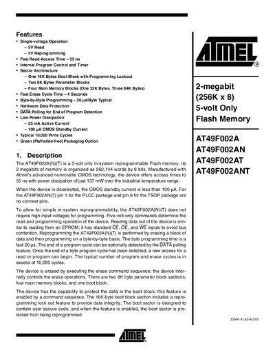 ATMEL AT49F002A/AT49F002AN/AT49F002AT/AT49F002ANT 2-megabit (256K x 8) 5-volt Only Flash Memory - cover page