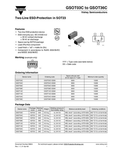 VISHAY SEMICONDUCTOR GSOT03C to GSOT36C Document Number 85824 Rev. 1.7 21-Apr-08 Vishay Semiconductors Two-Line ESD-Protection in SOT23 Manual - cover page