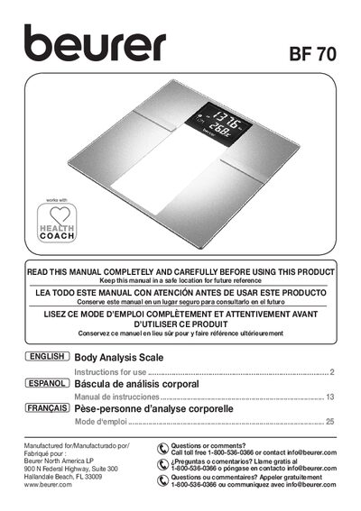 Beurer BF 70 Body Analysis Scale User Manual
