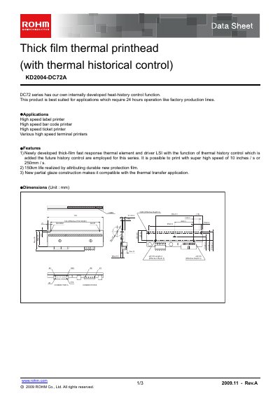ROHM KD2004-DC72A Thick Film Thermal Printhead Data Sheet - cover page