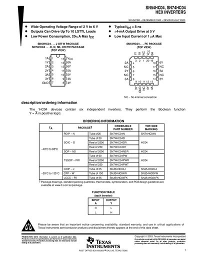 Texas Instruments SN54HC04 / SN74HC04 Hex Inverter Datasheet - cover page