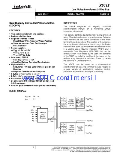 Intersil X9418 Dual Digitally Controlled Potentiometer Datasheet - cover page