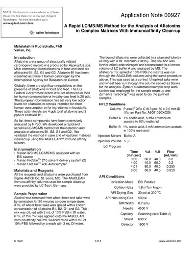 Agilent 320-MS LC/MS/MS Application Note for Aflatoxin Analysis - cover page