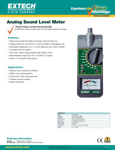 EXTECH 407703A Analog Sound Level Meter Datasheet - cover page