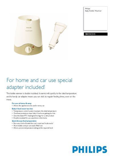 Philips SBCSC215 Baby Bottle Warmer User Manual - cover page
