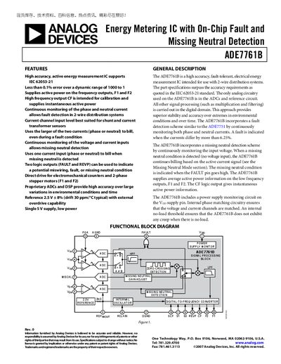 Analog Devices ADE7761B Energy Metering IC Datasheet - cover page