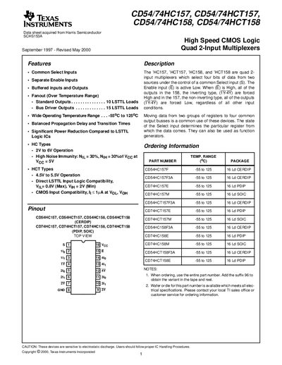 Texas Instruments CD54/74HC157, CD54/74HCT157, CD54/74HC158, CD54/74HCT158 Datasheet - cover page