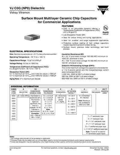 VISHAY VJ C0G(NP0)Dielectric DATA SHEET - cover page
