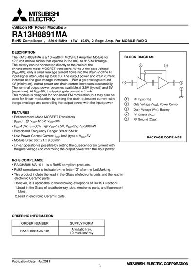 Mitsubishi RA13H8891MA RF Power Module Datasheet - cover page