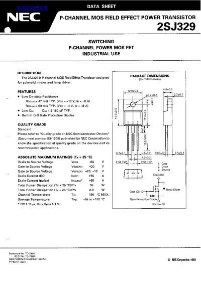 NEC 2SJ329 P-Channel MOS FET Datasheet - cover page