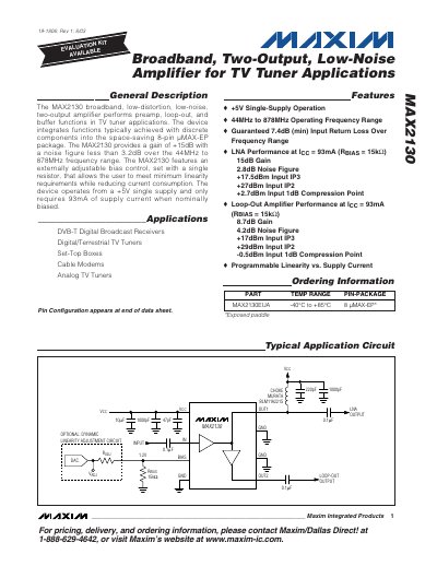 Maxim MAX2130 Broadband Two-Output Low-Noise Amplifier Datasheet - cover page