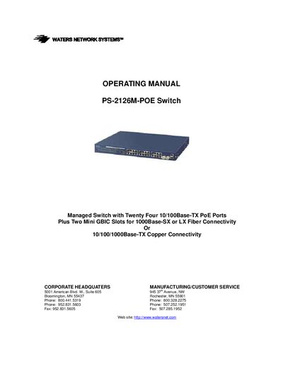 Waters Network Systems PS-2126M-POE Managed Switch Operating Manual - cover page