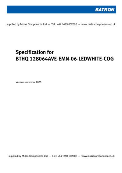 BATRON BTHQ 128064AVE-EMN-06-LEDWHITE-COG LCD Module Specification - cover page