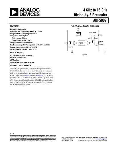 Analog Devices ADF5002 RF Prescaler Datasheet - cover page
