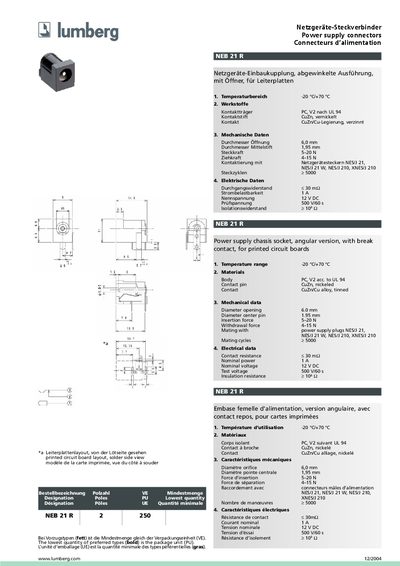 Lumberg NES/J 21 Power Supply Connector Product Leaflet - cover page