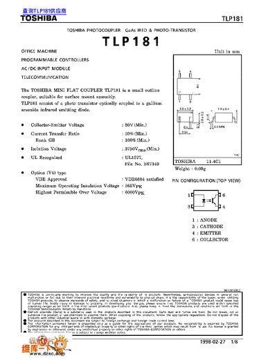 Toshiba TLP181 Photocoupler Datasheet - cover page