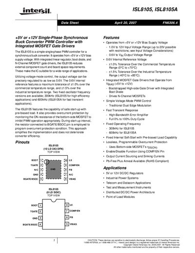 Intersil ISL8105/ISL8105A Synchronous Buck Converter PWM Controller Datasheet - cover page