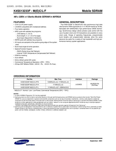 Samsung K4S513233F Mobile SDRAM Datasheet - cover page