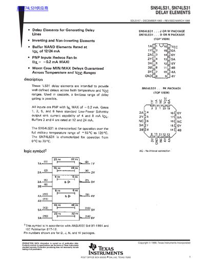 Texas Instruments SN54LS31/SN74LS31 Delay Elements Datasheet - cover page