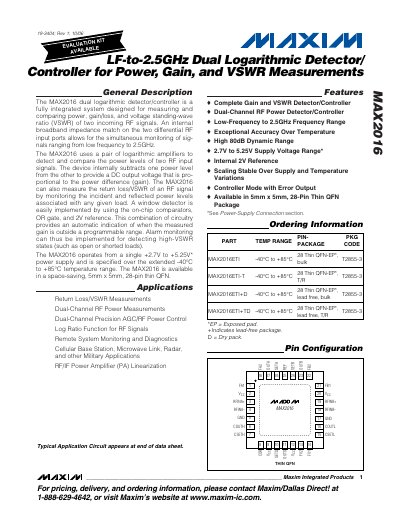 Maxim MAX2016 Dual Logarithmic Detector/Controller Data Sheet - cover page