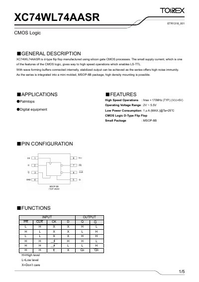 Torex XC74WL74AASR CMOS Logic D-Type Flip-Flop Datasheet - cover page