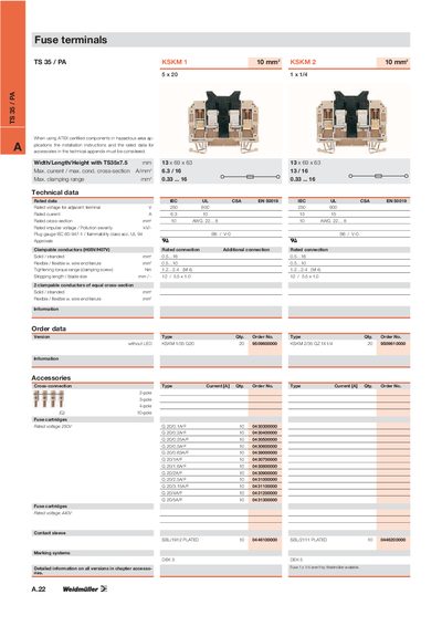Weidmuller TS 35 PA Fuse Terminals Datasheet