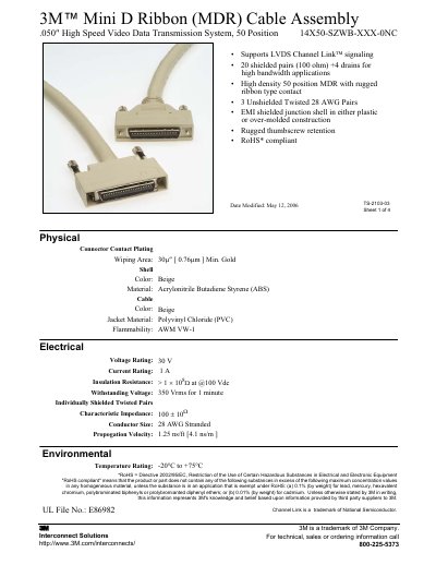 3M Mini D Ribbon (MDR) Cable Assembly .050&Prime; High Speed Video Data Transmission System 50 Position 14X50-SZWB-XXX-0NC - cover page