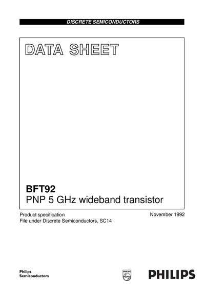 Philips BFT92 PNP 5 GHz Wideband Transistor Datasheet - cover page