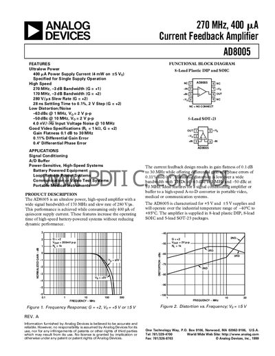 Analog Devices AD8005 Current Feedback Amplifier Datasheet - cover page
