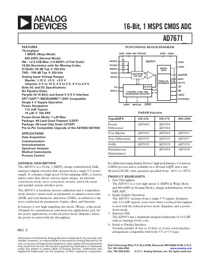 Analog Devices AD7671 ADC Datasheet - cover page