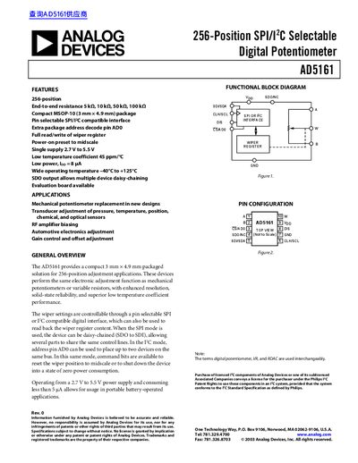 ANALOG DEVICES AD5161 256-Position SPI/I 2 C Selectable Digital Potentiometer handbook