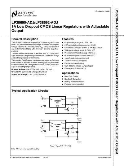 National Semiconductor LP38690-ADJ / LP38692-ADJ Low Dropout Linear Regulator Datasheet - cover page