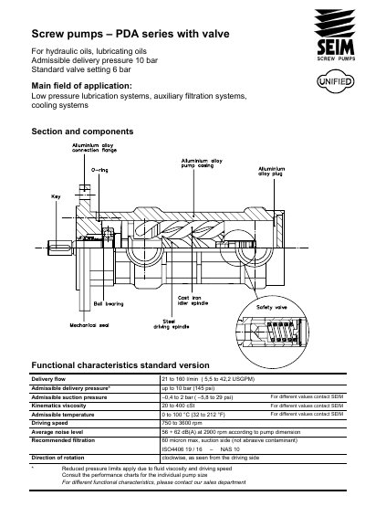 SEIM PDA Series Screw Pump Technical Data - cover page