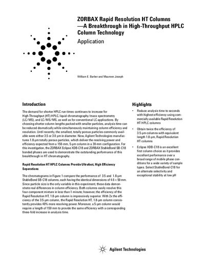 Agilent ZORBAX Rapid Resolution HT Columns Product Brochure - cover page