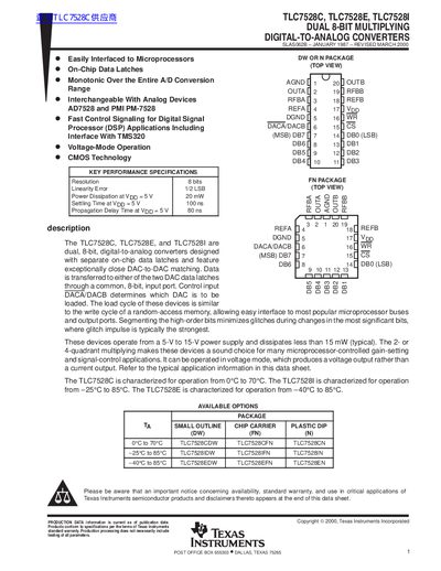 TEXAS INSTRUMENTS TLC7528C TLC7528E TLC7528I DUAL 8-BIT MULTIPLYING DIGITAL-TO-ANALOG CONVERTERS datasheet