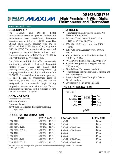 Maxim DS1626/DS1726 Digital Thermometer and Thermostat Datasheet - cover page