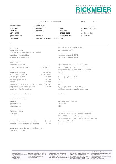 Rickmeier R25/4 FL-Z-W-G3/4-R-SO Gear Pump Data Sheet