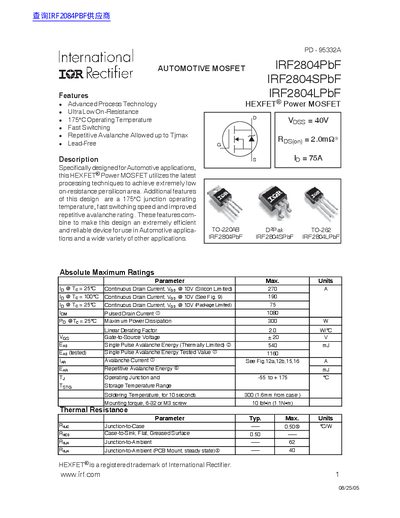 International Rectifier IRF2804PbF/IRF2804SPbF/IRF2804LPbF HEXFET Power MOSFET Datasheet - cover page